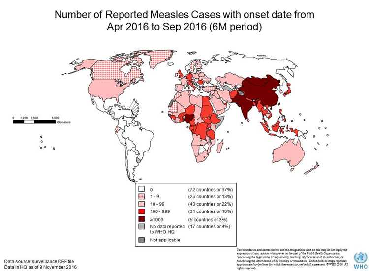 各国の麻しん報告数（2016年4月〜2016年9月）