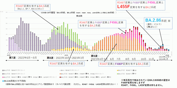 R346T変異とF486P変異とF456L変異とL455F変異に着目したグラフ（2024年1月18日現在）