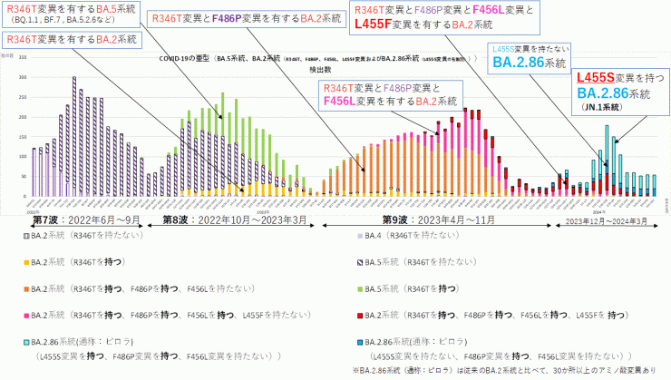 R346T変異とF486P変異とF456L変異とL455F変異に着目したグラフ（2024年3月28日現在）