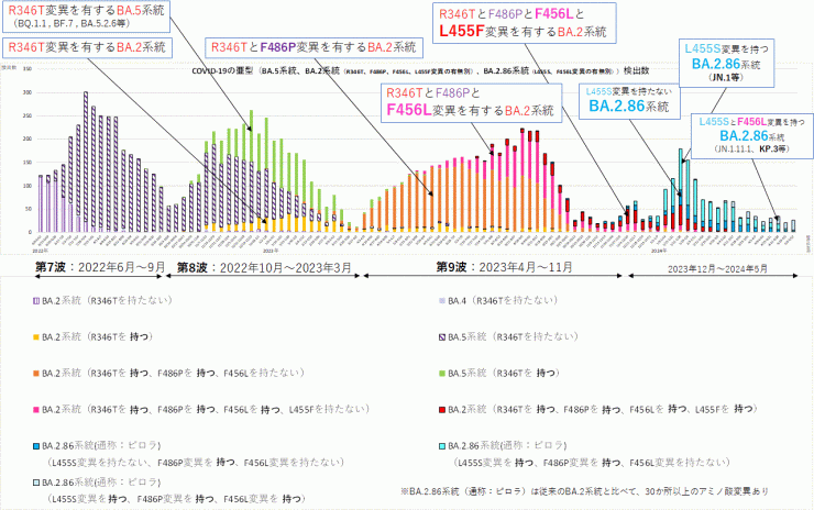 R346T変異とF486P変異とF456L変異とL455F変異に着目したグラフ（2024年5月23日現在）