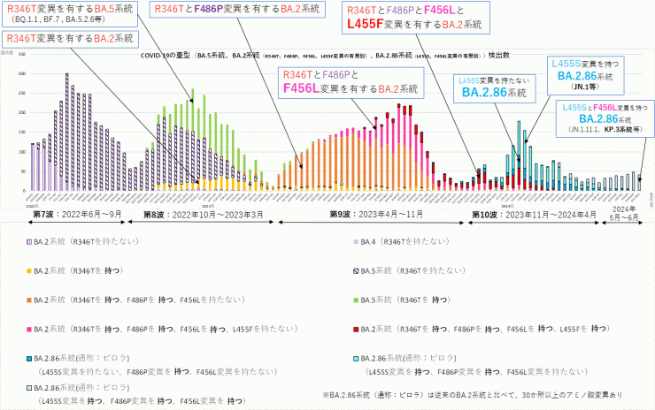 R346T変異とF486P変異とF456L変異とL455F変異に着目したグラフ（2024年7月4日現在）