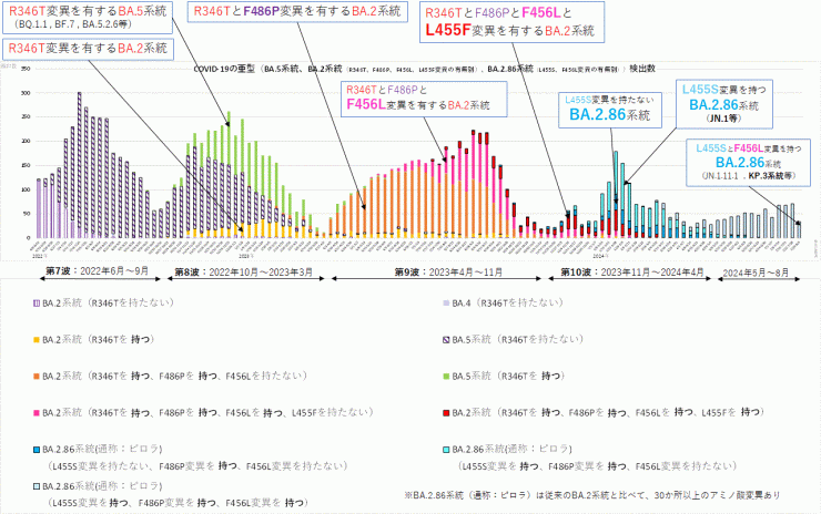 R346T変異とF486P変異とF456L変異とL455F変異に着目したグラフ（2024年8月15日現在）