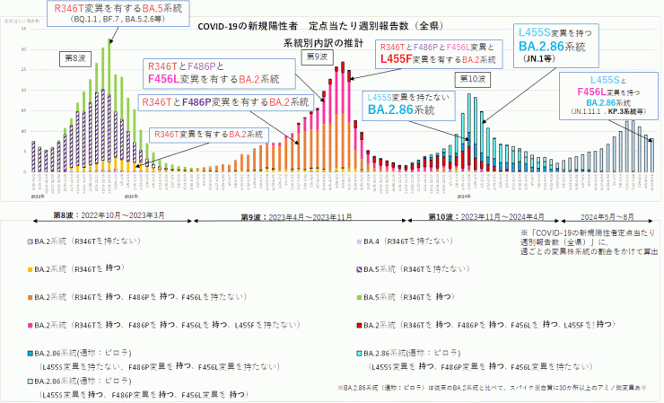 COVID-19新規陽性者定点当たり報告数系統別内訳の推計（2024年8月28日現在）