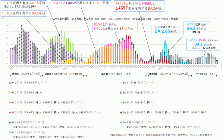 R346T変異とF486P変異とF456L変異とL455F変異に着目したグラフ（2024年8月28日現在）