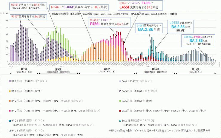 R346T変異とF486P変異とF456L変異とL455F変異に着目したグラフ（2024年10月31日現在）