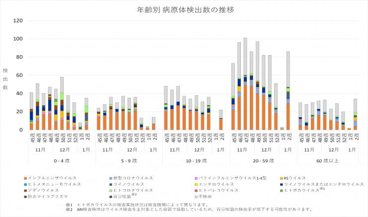 2025年45週から2026年2週までの年齢別病原体検出数の推移