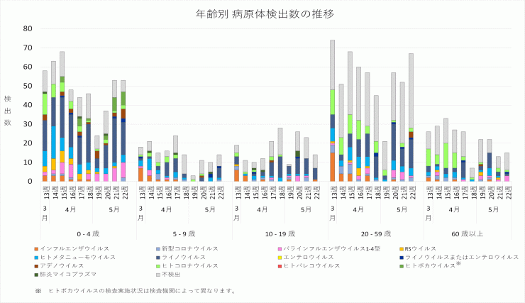 2026年13週から2026年22週までの年齢別病原体検出数の推移